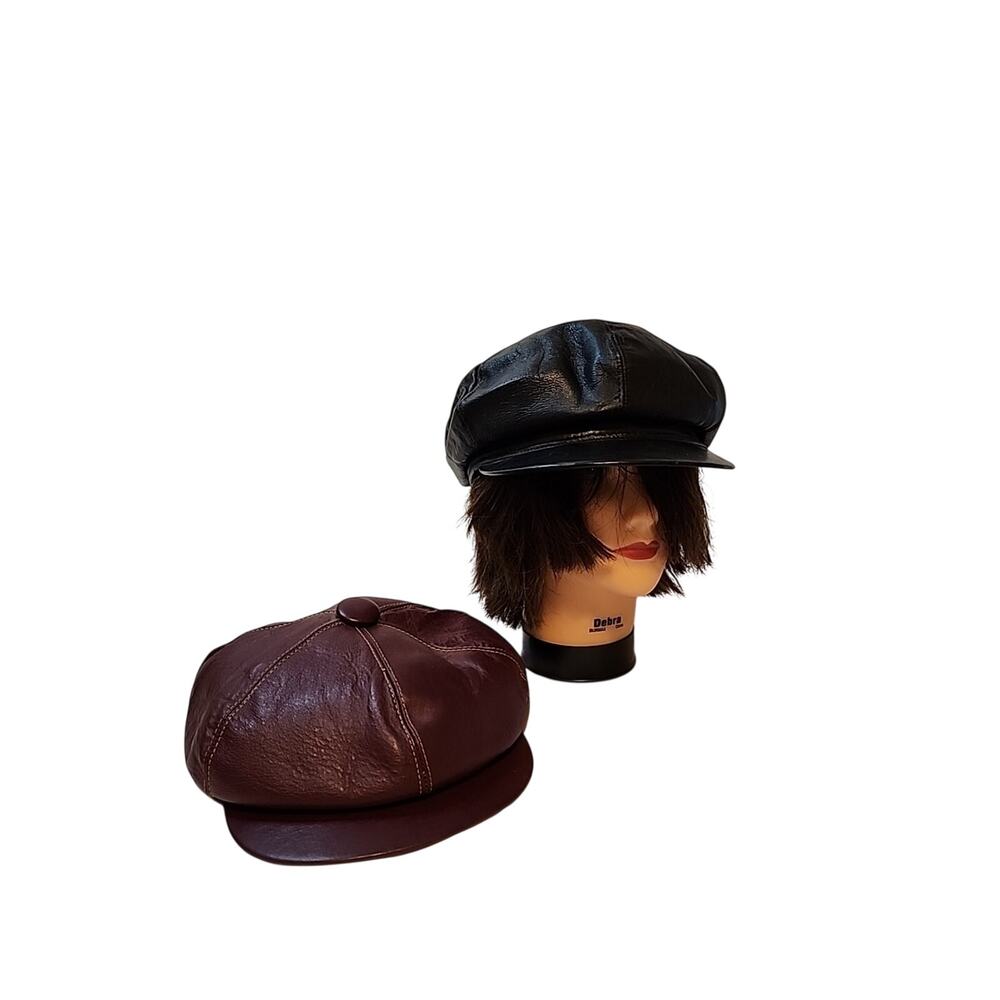 2 Vintage Leather Hats Motorcycle Black And Burgundy Small Caps Cap Hat